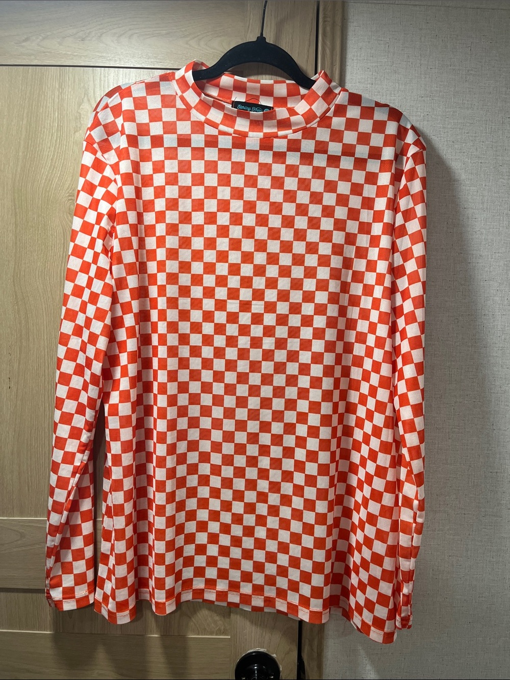 Mesh Checkerboard Long Sleeve Shirt - Orange/White